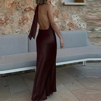Halter Satin Long Dress Women Tied Backless Brown Midi Dress Summer Off Shoulder Party Dresses Pleated Evening Dress 3